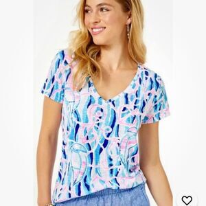 Lilly Pulitzer Etta V Neck Top Short Sleeve Blue Reel Nautical Pink Sailing XXS
